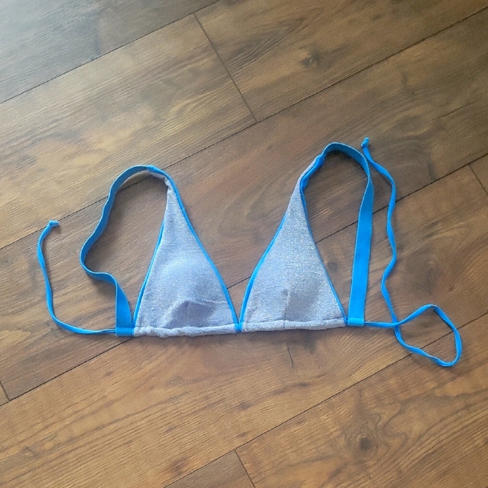 Triangle Blue Silver Glitter Bikini Top, Size Small